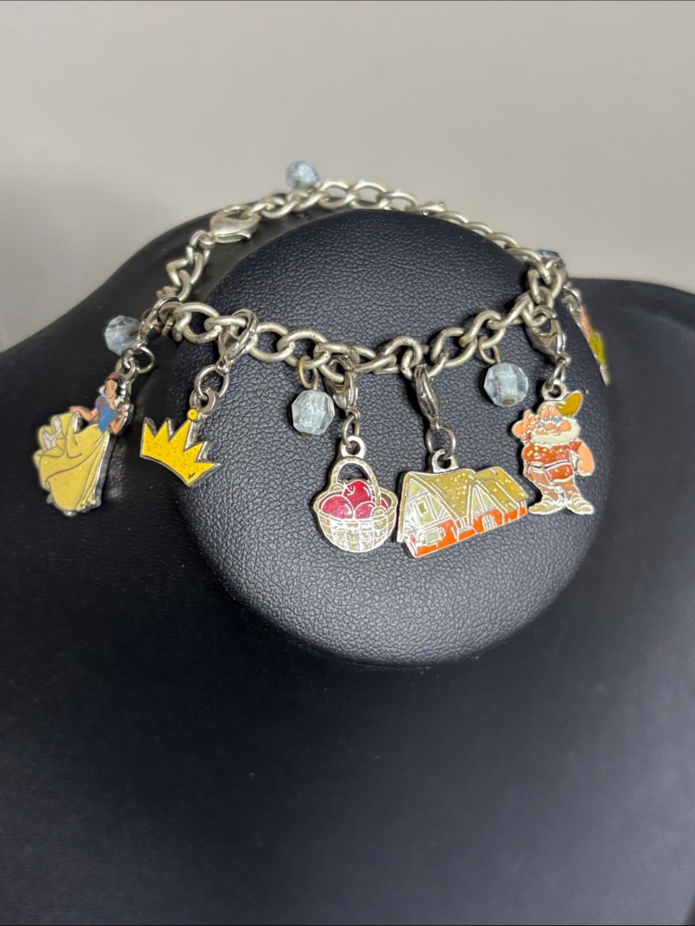 Kids Disney Snow White Yellow Enamel Charm Bracelet Crown Cottage Charms